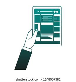 Hands using tablet to check social networks blue lines