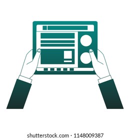Hands using tablet to check social networks blue lines