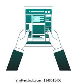 Hands using tablet to check social networks blue lines