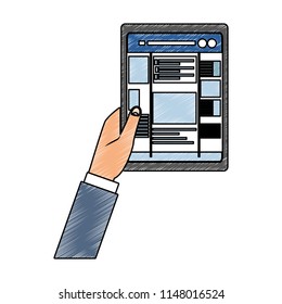 Hands using tablet to check social networks scribble