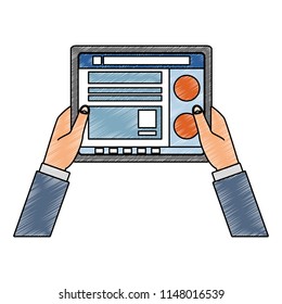 Hands using tablet to check social networks scribble