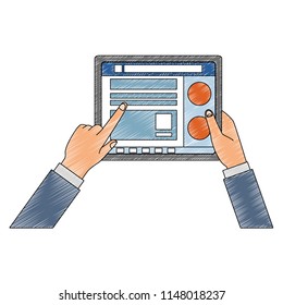 Hands using tablet to check social networks scribble