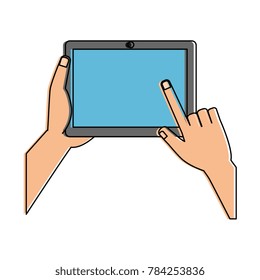 hands using tablet device