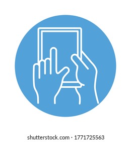hands using tablet device block style icon vector illustration design