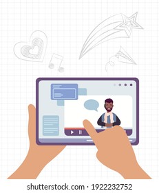 hands using tablet online education vector illustration design