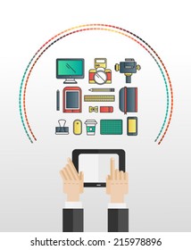 Hands using tablet pc with multimedia icons on grey background