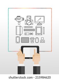 Hands using tablet pc with multimedia icons on grey background