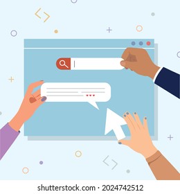Manos usando tecnología, página de inicio y concepto de internet.