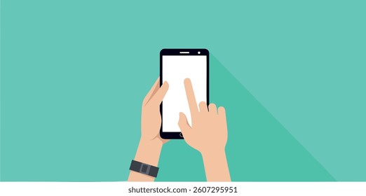 hands using a touchscreen smartphone against a teal background
