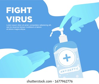 hands using wash hand sanitizer gel pump dispenser. Clear sanitizer in pump bottle, for killing germs, bacteria and virus