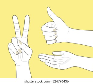 Hands - V, thumbs up, open palm - vector