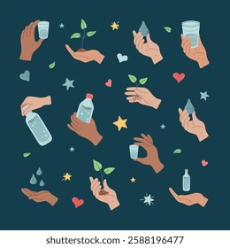 Hands in various gesture holding drop of water, bottle, plant. Green energy, sustainable ecology lifestyle. Environment, aqua resource, recycling. Eco friendly signs, stickers. Vector illustration
