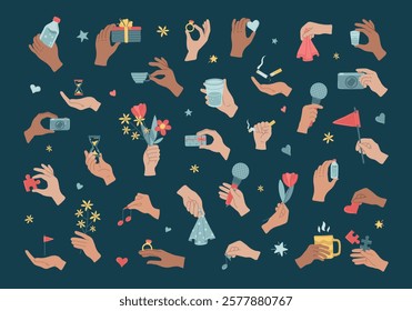 Hands in various gesture holding stuff. Set of stickers is a good  happy day for yourself, positive emotions, weekend. Bouquet, camera, ring, microphone, mug. Joyful lifestyle. Vector illustration