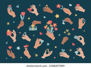 Hands in various gestures with hearts, gifts, flowers, bouquets, diamonds. Icons congratulation of happy anniversary, holiday. Arm with romantic date signs. Isolated on dark vector illustration