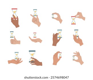 Hands in various gestures with hourglass. Sandglass counting time in arm. Planning, time management, countdown, deadline icon. Watch with sand going, running. Isolated vector illustration 