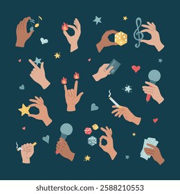 Hands in various gestures with symbols of party, excitement, karaoke, relaxation. Arm holding dice, credit card, microphone, cigarette, stars. Isolated vector illustration