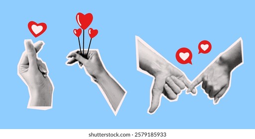 Hands with various hearts collage vector halftone illustration set. Love and affection emotions expression symbols in body language on blue background