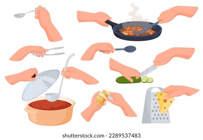 Manos con varios artículos de cocina. Proceso de preparación de alimentos. Cocina las manos. Ilustración del vector