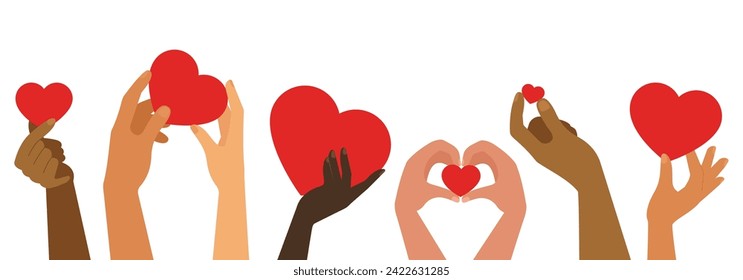 Hands of various nationalities holding heart symbols in the air. Representing of love, unity, and understanding across different ethnicities, races and genders.