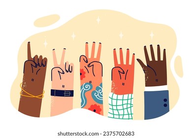 Hands of various people demonstrating numbers from one to five, for concept feedback from users. Numbers 1 2 3 4 5 from fingers of men and women as metaphor for assessing quality of services provided