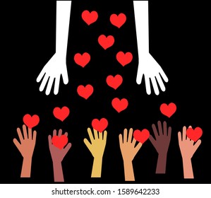 Hands of various people and hearts on a black background. Vector illustration.