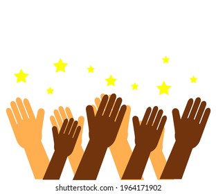 Hands of various people are raised up on a white background. Symbol. Vector illustration.