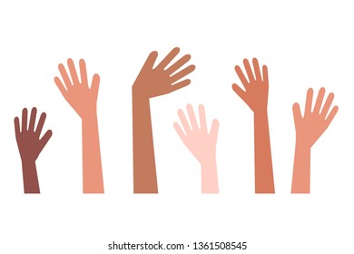 The hands of various people raised up. Vector illustration. 