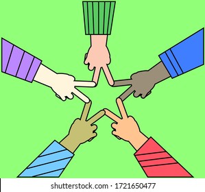 Hands of various people in the shape of a star. Vector illustration.
