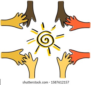 Hands of various people and the sun on a white background. Vector illustration.