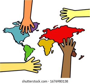 Hands of various people and a world map on a white background. Vector illustration.
