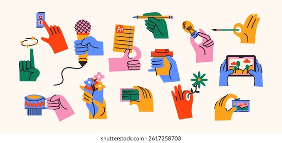 Hands in various poses holding a cup, microphone, pencil, flowers in retro cartoon style. Cozy symbols of daily life, 90s vibe, illustration in retro cartoon style, trendy stickers