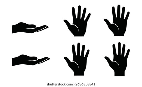 Mãos em várias poses, renderizadas em um estilo de silhueta preto limpo. Isolado no fundo branco. Gestos de dar e receber.