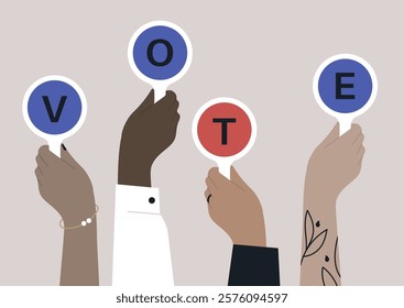 Hands of various skin tones raised high, displaying colorful vote plates that promote civic engagement and the importance of participating in democracy at a lively community event