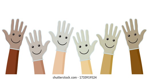 Hands of Various World Ethnicities People Protected with Gloves Having Happy Smile over It Coronavirus Pandemy Devoted Concept - All Races Skintone on White Background - Vector Mixed Graphic Design