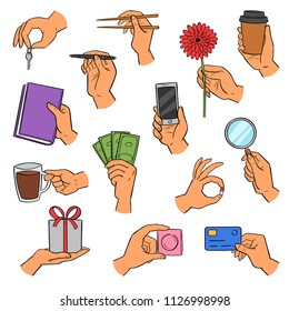 Hands vector arm holding smartphone or coffee cup and fingers showing creditcards or gifts illustration set of hand with book or flower isolated on white background