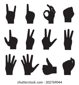 Hands vector black silhouette icons set: finger counting, fist, devil horns, okay gesture, victory sign