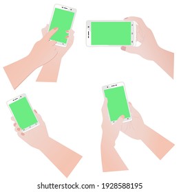 Diseño vectorial manos en fondo blanco.manos sosteniendo el teléfono .technology network.touchscreen phone.