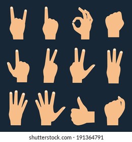 Hands vector flat icons set: finger counting, fist, devil horns, okay gesture, victory sign