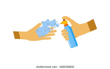 Hands vector icon holding bottle of disinfectant spray and pressing nozzle of aerosol for cleaning hands against virus, flat vector icon for computer web graphic design, space for text and design
