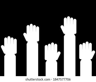 Hands up vector illustration. Concept of unity, revolution, fight, cooperation. Flat design.