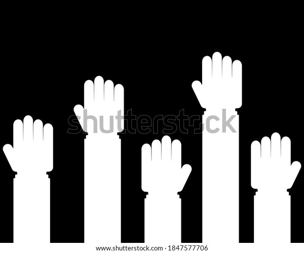Hands up vector illustration.\
Concept of unity, revolution, fight, cooperation. Flat\
design.