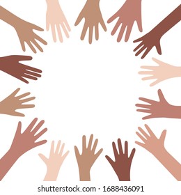 Hands up vector illustration with different skin colors. Raised hands vector concept. Volunteering charity, votes and donation. Frame with hands