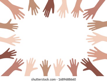 Hands up vector illustration with different skin colors. Raised hands vector concept. Volunteering charity, votes and donation. Frame with hands