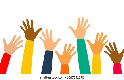 Hands up vector illustration with different skin colors. Raised hands vector concept. Volunteering charity, party, votes, donation, team, help, friendship. Isolated on white background
