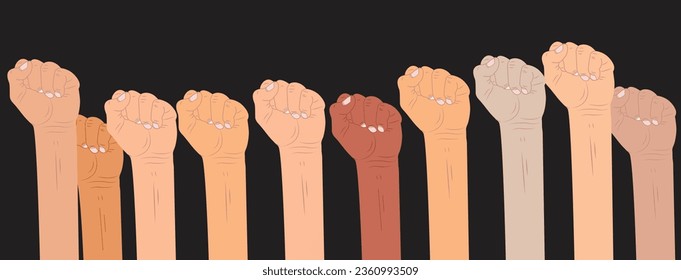 Hands up vector illustration with different skin color Holding fists up hands. black backround vector illustration