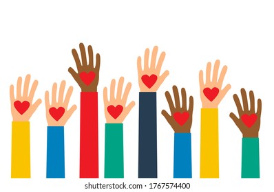 Ilustración vectorial manual. Manos alzadas con el concepto de voluntariado de corazones.