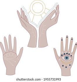 Hands vector illustration.  Set of celestial hand. Hand with eye, lines on the palm, hands holding the Sun. 