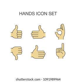 Hands vector illustration thin line art icons set. Hand gesture line icon set in modern geometric. Isolated vector illustration of human hands on white background.