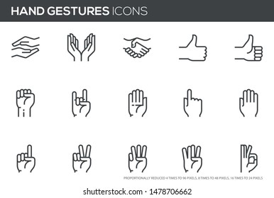 Hands vector line icons set. Hand gestures, signals. Editable stroke. Perfect pixel icons, such can be scaled to 24, 48, 96 pixels.