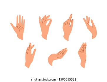 Hands vector set in simple flat trendy style isolated on a white background. Various gestures, poses of human hand in different situation. Vector illustration.